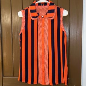 Semi sheer button front top!! Navy and orange..unique colors together